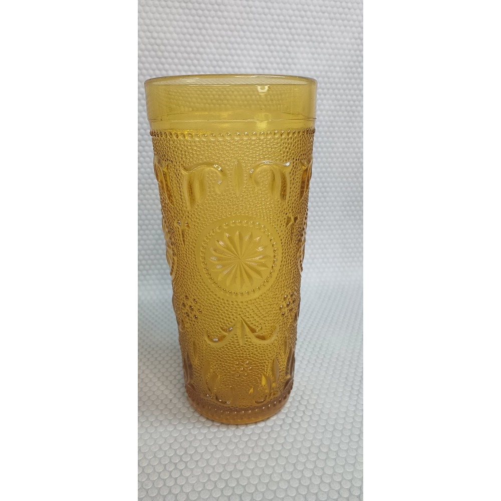 Vintage Tiara Sandwich Amber Glass Tumbler Iced Tea Glass Embossed 6 inch